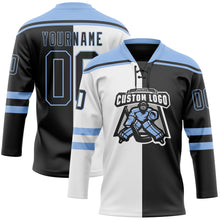 Laden Sie das Bild in den Galerie-Viewer, Custom Black Light Blue-White Split Fashion Hockey Lace Neck Jersey