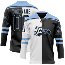 Laden Sie das Bild in den Galerie-Viewer, Custom Black Light Blue-White Split Fashion Hockey Lace Neck Jersey