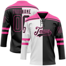 Загрузить изображение в средство просмотра галереи, Custom Black Pink-White Split Fashion Hockey Lace Neck Jersey