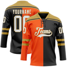 Laden Sie das Bild in den Galerie-Viewer, Custom Black White Orange-Old Gold Split Fashion Hockey Lace Neck Jersey