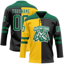 Laden Sie das Bild in den Galerie-Viewer, Custom Black Kelly Green Yellow-White Split Fashion Hockey Lace Neck Jersey