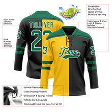 Laden Sie das Bild in den Galerie-Viewer, Custom Black Kelly Green Yellow-White Split Fashion Hockey Lace Neck Jersey