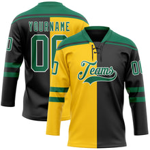 Laden Sie das Bild in den Galerie-Viewer, Custom Black Kelly Green Yellow-White Split Fashion Hockey Lace Neck Jersey