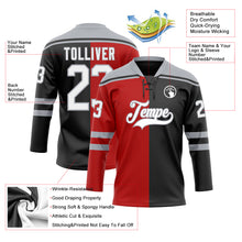 Load image into Gallery viewer, Custom Black White Red-Gray Split Fashion Hockey Lace Neck Jersey