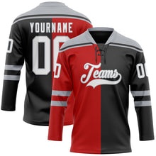 Load image into Gallery viewer, Custom Black White Red-Gray Split Fashion Hockey Lace Neck Jersey