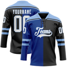 Load image into Gallery viewer, Custom Black White Royal-Light Blue Split Fashion Hockey Lace Neck Jersey