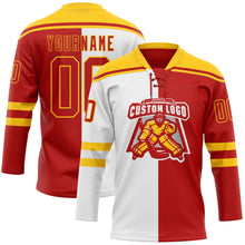Charger l'image dans la galerie, Custom Red Gold-White Split Fashion Hockey Lace Neck Jersey