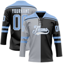 Laden Sie das Bild in den Galerie-Viewer, Custom Black Light Blue Gray-White Split Fashion Hockey Lace Neck Jersey