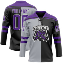 Laden Sie das Bild in den Galerie-Viewer, Custom Black Purple Gray-White Split Fashion Hockey Lace Neck Jersey