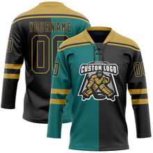 Load image into Gallery viewer, Custom Black Teal-Old Gold Split Fashion Hockey Lace Neck Jersey