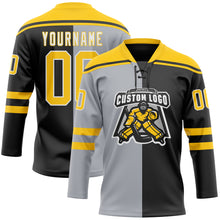 Charger l'image dans la galerie, Custom Black Yellow Gray-White Split Fashion Hockey Lace Neck Jersey