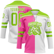 Charger l'image dans la galerie, Custom White Neon Green-Pink Split Fashion Hockey Lace Neck Jersey