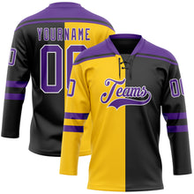 Laden Sie das Bild in den Galerie-Viewer, Custom Black Purple Yellow-White Split Fashion Hockey Lace Neck Jersey