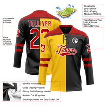 Load image into Gallery viewer, Custom Black Red Yellow-White Split Fashion Hockey Lace Neck Jersey