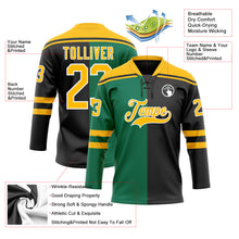 Laden Sie das Bild in den Galerie-Viewer, Custom Black Gold Kelly Green-White Split Fashion Hockey Lace Neck Jersey