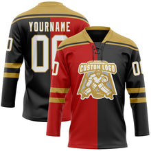 Load image into Gallery viewer, Custom Black White Red-Old Gold Split Fashion Hockey Lace Neck Jersey