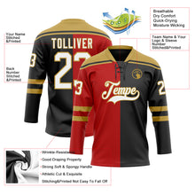 Load image into Gallery viewer, Custom Black White Red-Old Gold Split Fashion Hockey Lace Neck Jersey