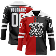 Load image into Gallery viewer, Custom Black White Red-Gray Split Fashion Hockey Lace Neck Jersey