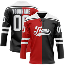 Load image into Gallery viewer, Custom Black White Red-Gray Split Fashion Hockey Lace Neck Jersey