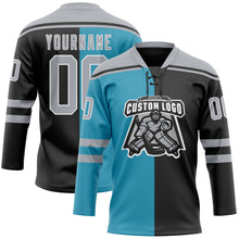 Charger l'image dans la galerie, Custom Black Gray Panther Blue-White Split Fashion Hockey Lace Neck Jersey