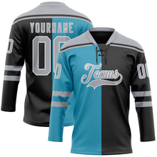 Charger l'image dans la galerie, Custom Black Gray Panther Blue-White Split Fashion Hockey Lace Neck Jersey