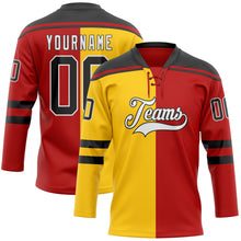 Charger l'image dans la galerie, Custom Red Black Yellow-White Split Fashion Hockey Lace Neck Jersey