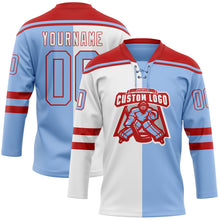 Load image into Gallery viewer, Custom Light Blue Red-White Split Fashion Hockey Lace Neck Jersey