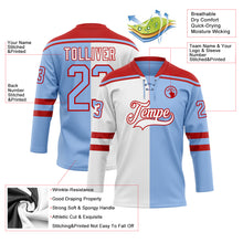 Load image into Gallery viewer, Custom Light Blue Red-White Split Fashion Hockey Lace Neck Jersey