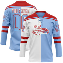 Load image into Gallery viewer, Custom Light Blue Red-White Split Fashion Hockey Lace Neck Jersey