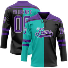Laden Sie das Bild in den Galerie-Viewer, Custom Black Purple Aqua-White Split Fashion Hockey Lace Neck Jersey