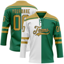 Load image into Gallery viewer, Custom Kelly Green Old Gold Black-White Split Fashion Hockey Lace Neck Jersey