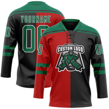 Charger l'image dans la galerie, Custom Black Kelly Green Red-White Split Fashion Hockey Lace Neck Jersey