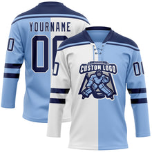 Load image into Gallery viewer, Custom Light Blue Navy-White Split Fashion Hockey Lace Neck Jersey