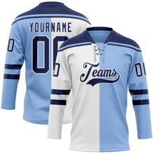 Load image into Gallery viewer, Custom Light Blue Navy-White Split Fashion Hockey Lace Neck Jersey