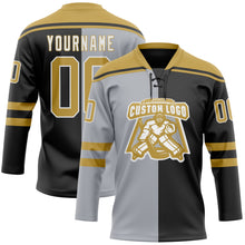 Charger l'image dans la galerie, Custom Black Old Gold Gray-White Split Fashion Hockey Lace Neck Jersey