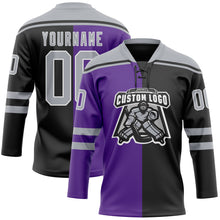 Charger l'image dans la galerie, Custom Black Gray Purple-White Split Fashion Hockey Lace Neck Jersey