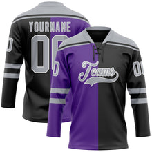 Charger l'image dans la galerie, Custom Black Gray Purple-White Split Fashion Hockey Lace Neck Jersey