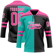 Charger l'image dans la galerie, Custom Black Pink Aqua-White Split Fashion Hockey Lace Neck Jersey