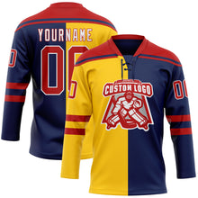 Charger l'image dans la galerie, Custom Navy Red Yellow-White Split Fashion Hockey Lace Neck Jersey