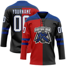 Charger l'image dans la galerie, Custom Black White Red-Royal Split Fashion Hockey Lace Neck Jersey