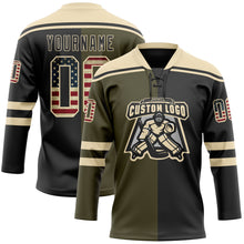 Charger l'image dans la galerie, Custom Black Vintage USA Flag Olive-Cream Split Fashion Hockey Lace Neck Jersey