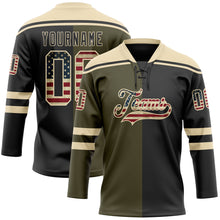 Charger l'image dans la galerie, Custom Black Vintage USA Flag Olive-Cream Split Fashion Hockey Lace Neck Jersey
