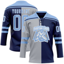 Charger l'image dans la galerie, Custom Navy Light Blue Gray-White Split Fashion Hockey Lace Neck Jersey