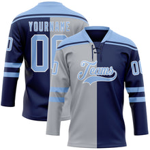 Charger l'image dans la galerie, Custom Navy Light Blue Gray-White Split Fashion Hockey Lace Neck Jersey