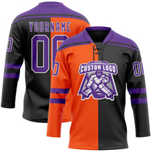 Charger l'image dans la galerie, Custom Black Purple Orange-White Split Fashion Hockey Lace Neck Jersey