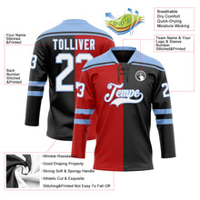 Charger l'image dans la galerie, Custom Black White Red-Light Blue Split Fashion Hockey Lace Neck Jersey