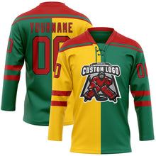 Charger l'image dans la galerie, Custom Kelly Green Red Yellow-Black Split Fashion Hockey Lace Neck Jersey