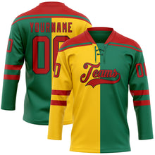 Charger l'image dans la galerie, Custom Kelly Green Red Yellow-Black Split Fashion Hockey Lace Neck Jersey