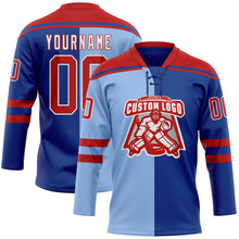 Загрузить изображение в средство просмотра галереи, Custom Royal Red Light Blue-White Split Fashion Hockey Lace Neck Jersey