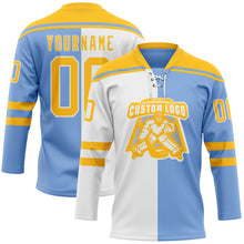 Laden Sie das Bild in den Galerie-Viewer, Custom Powder Blue Gold-White Split Fashion Hockey Lace Neck Jersey